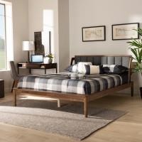 Baxton Studio MG0047-5-Dark Grey/Ash Walnut-Full Helsa Mid-Century Modern Dark Grey Fabric Upholstered and Walnut Finished Full Size Platform Bed